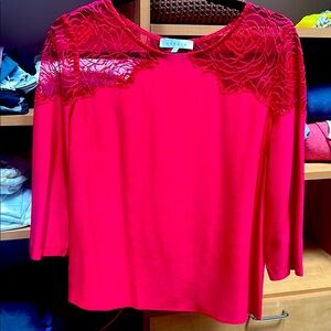 Sandro Red Pink Embellished with Lace Shoulder Blouse